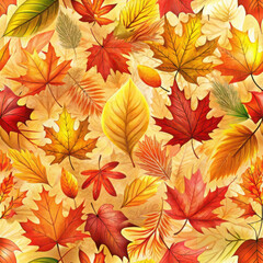 Vibrant autumn leaves in shades of red, yellow, and orange scattered on a soft background, creating a warm seasonal pattern. Copy space