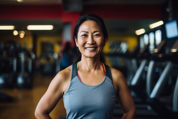 Fototapeta premium Smiling portrait of a slightly overweight middle aged woman in gym
