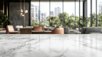 Fototapeta premium Modern Interior with Marble Countertop and City View