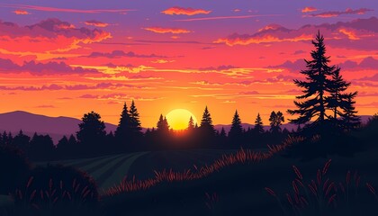 Vibrant Sunset over Forest Silhouette with Colorful Sky