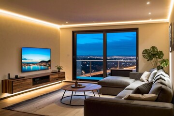 Living room with a smart TV at night. Condo or apartment in the city with a city view.