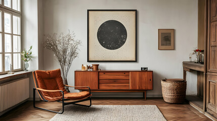 Mid-Century Modern Living Room Decor with Black Circle Art Print