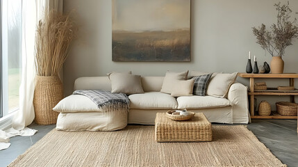 Cozy Living Room with Natural Elements and Wicker Furniture