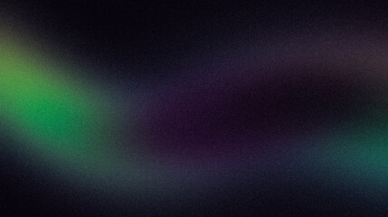 Dark glowing color wave with purple green colors grainy gradient backdrop design, noisy wavy shaped gradient on dark, web cover, poster, banner, header