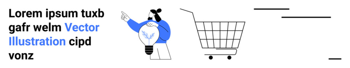Man with a light bulb for a head pointing to the right next to a shopping cart. Ideal for online shopping, innovation, technology, business, modern design. Landing page