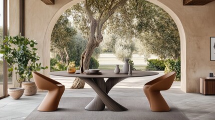 A rounded dining table blends light purple and yellow hues, set against gray walls with trees visible through large windows