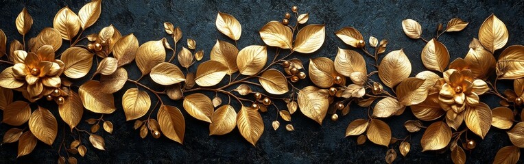 Gold floral embroidery design on black background, luxury decorative pattern