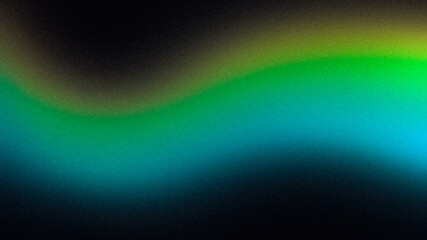 Dark glowing color wave with green orange blue colors grainy gradient backdrop design, noisy wavy shaped gradient on dark, web cover, poster, banner, header