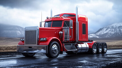 A red semi truck is driving down a road in a snowy mountain range