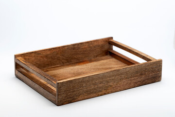 Wooden tray for food on white background