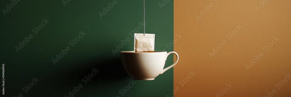 Aufkleber a delicate tea bag is being steeped in a white cup, resting on a contrasting green and brown backdro