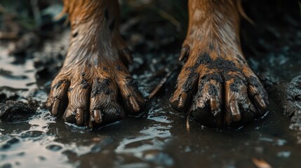 Close-up shot of a dog's paws stuck in muddy ground, perfect for outdoor or pet-related projects