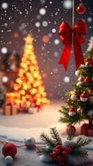 Obraz premium Christmas tree with round colorful toys. Blur. Decorated fir trees in the background