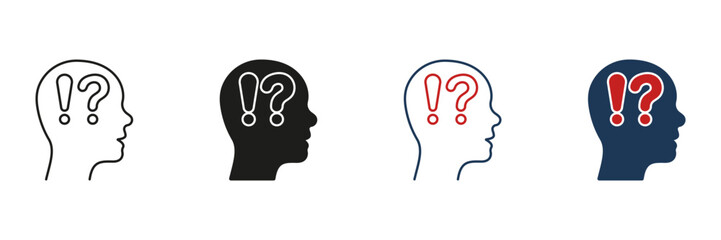 Man Confused Line and Silhouette Icon Set. Human Head with Question Mark, Exclamation Point. Person Face in Profile View Curious and Doubt Pictogram. Editable Stroke. Isolated Vector Illustration