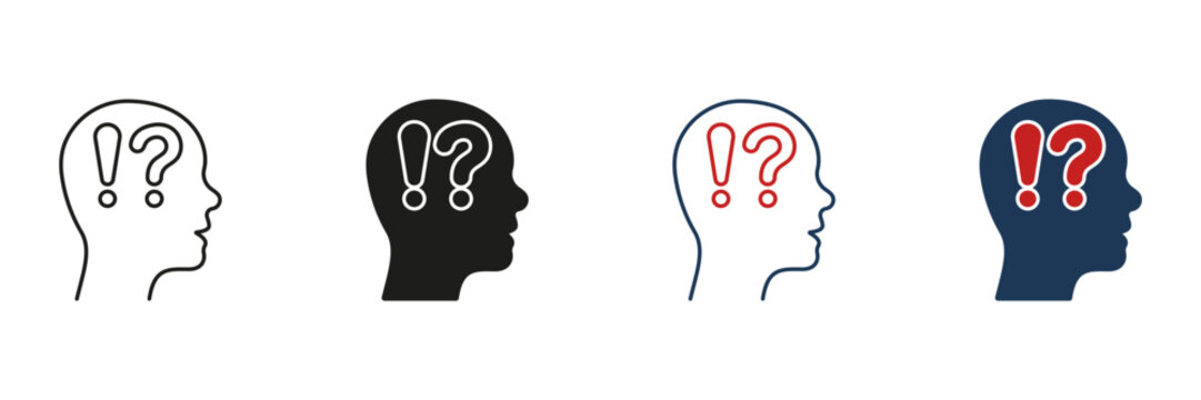 Man Confused Line and Silhouette Icon Set. Human Head with Question Mark, Exclamation Point. Person Face in Profile View Curious and Doubt Pictogram. Editable Stroke. Isolated Vector Illustration