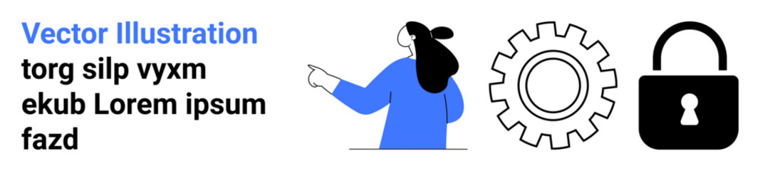Woman pointing, gear, and lock symbol. Ideal for security, technology, privacy cybersecurity, and user interface themes. Landing page