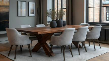 Modern Dining Room Design with Wooden Table and Grey Chairs