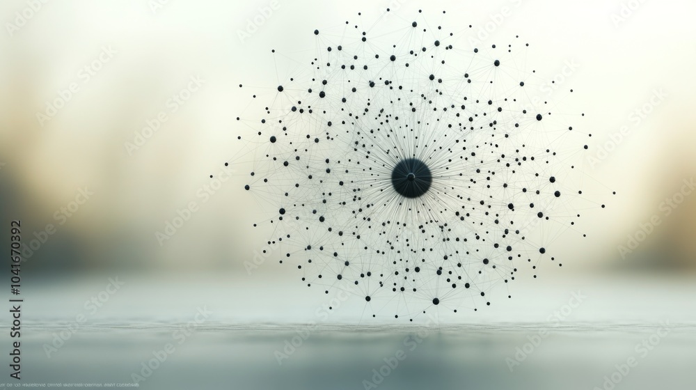 Poster An intricate arrangement of particles spreads outward from a dark central point, creating a dynamic visual effect against a gently blurred backdrop, suggesting movement and energy.