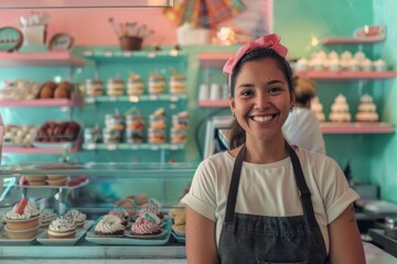 Obraz premium Smiling portrait of a Hispanic woman worker in dessert bar