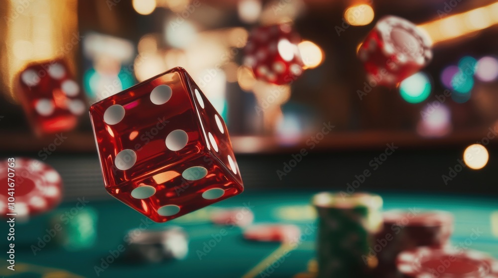 Poster Two red dice are soaring across a craps table, surrounded by colorful chips, capturing the thrill of the game in a bustling casino atmosphere. Generative AI