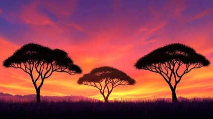 Silhouetted trees against a vibrant sunset sky, beautiful nature scene.