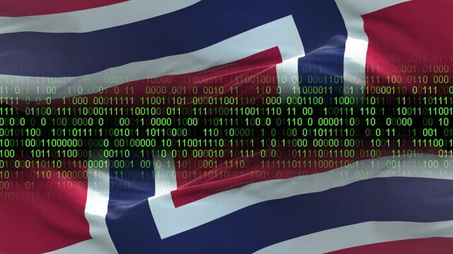 Norway flag - 3D realistic waving flag on matrix digital background with binary code