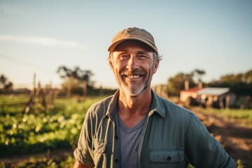 Fototapeta premium Smiling portrait of a middle aged Caucasian male farmer on field