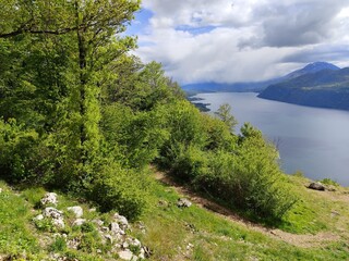 panoramic view of Bourget lake in Chambotte outlook, in haute Savoie, french alps landscape in...