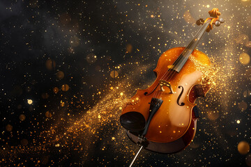 Fototapeta premium A beautifully crafted violin with a glossy finish, surrounded by a magical burst of golden sparkles and light against a dark background. The image conveys a sense of elegance and musical artistry.