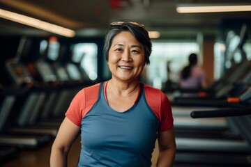 Fototapeta premium Smiling portrait of a slightly overweight middle aged woman in gym