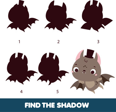 Shadow matching game. Kids activity with funny bat. Animals theme Learning page for toddlers and children
