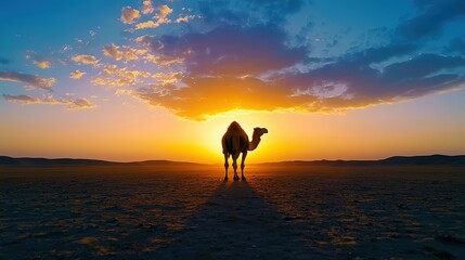 Camel silhouette at sunset in a barren desert landscape.