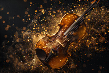 Fototapeta premium A beautifully crafted violin surrounded by a swirl of golden sparkles and dust, creating a magical and artistic atmosphere. The background is dark, enhancing the vibrant colors of the violin