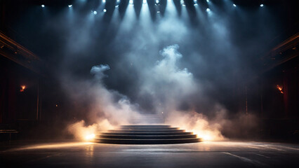 Fototapeta premium Empty Concert Stage with Spotlights and Smoke – Dramatic Performance Background.