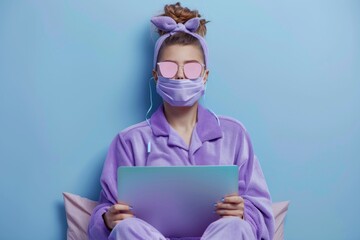 A woman sits on her bed wearing purple pajamas and a face mask, typing away on her laptop