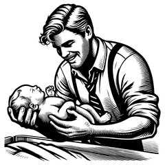 smiling father in a suit cradling his newborn baby, representing paternal love, care, and family bond sketch engraving generative ai PNG illustration. Scratch board imitation. Black and white image