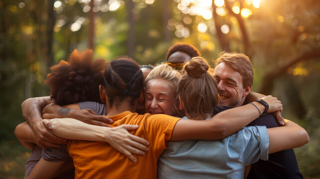 Support, hugging and people in the park for eco-friendly, sustainable, or community service projects, teamwork, or love