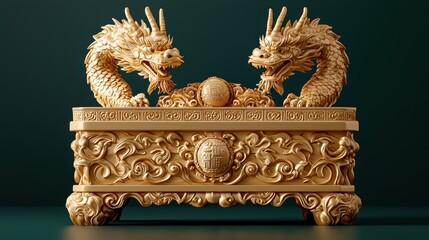 A detailed ornate box featuring two intricately carved golden dragons, symbolizing power and strength, set against a rich, dark green background.