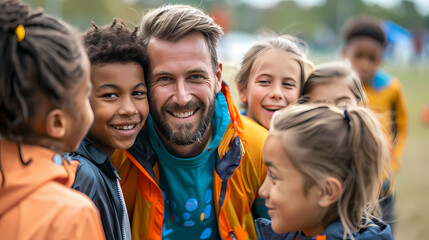 Making sport with happy children. Boys huddle up for sports. On a grass sports field, smiling kids stand with their coach. Before the football game, boys talk with the coach