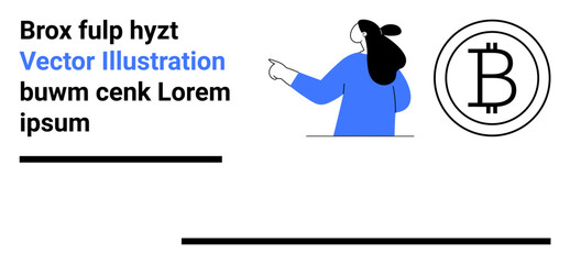 Businesswoman with dark hair in blue attire pointing at a Bitcoin symbol on a white background with placeholder text. Ideal for finance, cryptocurrency, business, technology, and marketing. Landing