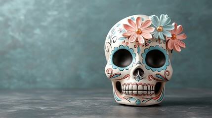 Luminous sugar skull with vibrant blue and pink flowers, radiant designs, dark background