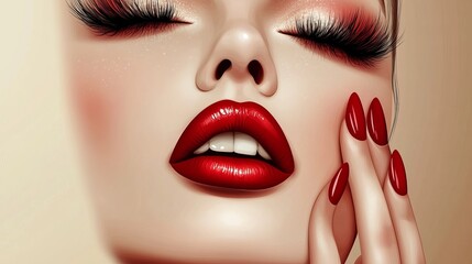 Obraz premium A young, beautiful, well-groomed girl. Face in profile. Hairstyle - neatly combed hair. Makeup - red lips. Cosmetic. Manicure - red nails. 