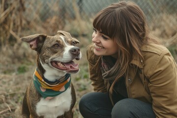 A woman kneels next to her loyal brown and white dog, capturing a heartwarming moment of companionship