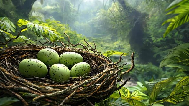 A nest of speckled green eggs sits nestled in a leafy forest, waiting for the hatchlings to emerge