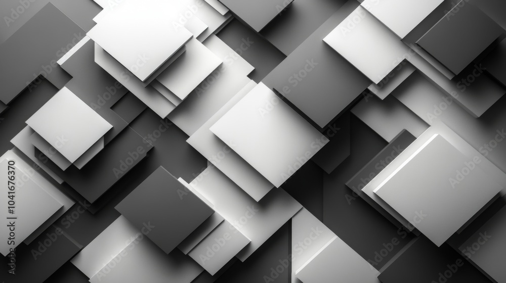 Poster This artwork showcases a striking arrangement of overlapping squares in various shades of gray and white, creating a sense of depth and dimension against a dark backdrop.