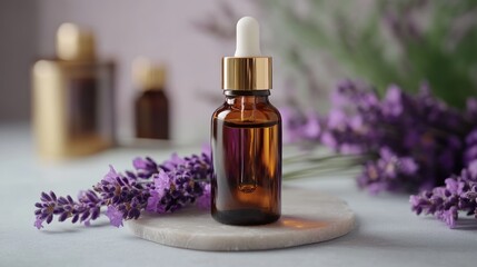 A brown glass dropper bottle surrounded by lavender flowers on a marble surface.