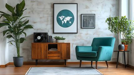 Modern Living Room with Teal Chair, Plants, and Wooden Cabinet