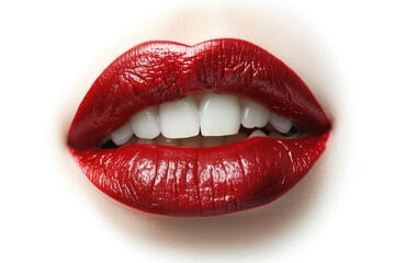 A close-up shot of a woman's mouth with bold red lipstick