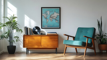 Fototapeta premium Mid Century Modern Living Room Decor with World Map