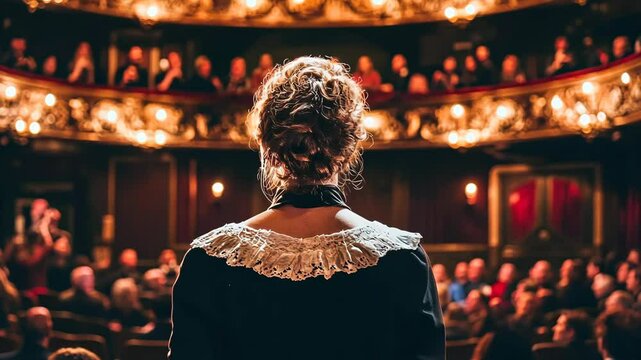 A woman stands on stage in a dark theater, facing an audience